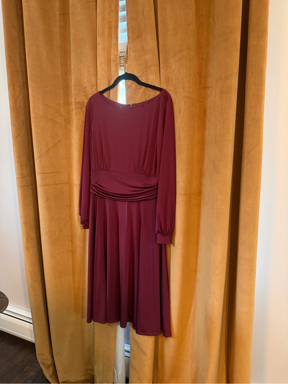 Harper Long Sleeve Burgundy Midi Dress with Draped Waist